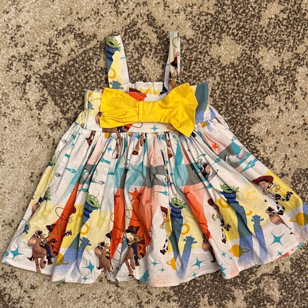 Kids Cartoon Print Dress with Yellow Bow